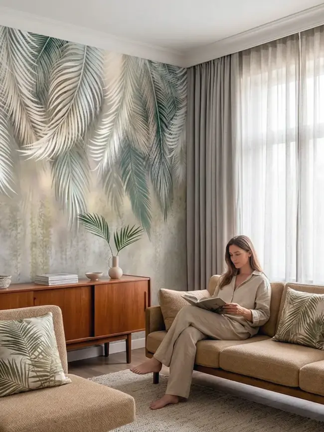 Фотообои Пальмовый туман арт: 49151 с пальмовыми листьями в интерьере светлой современной гостиной