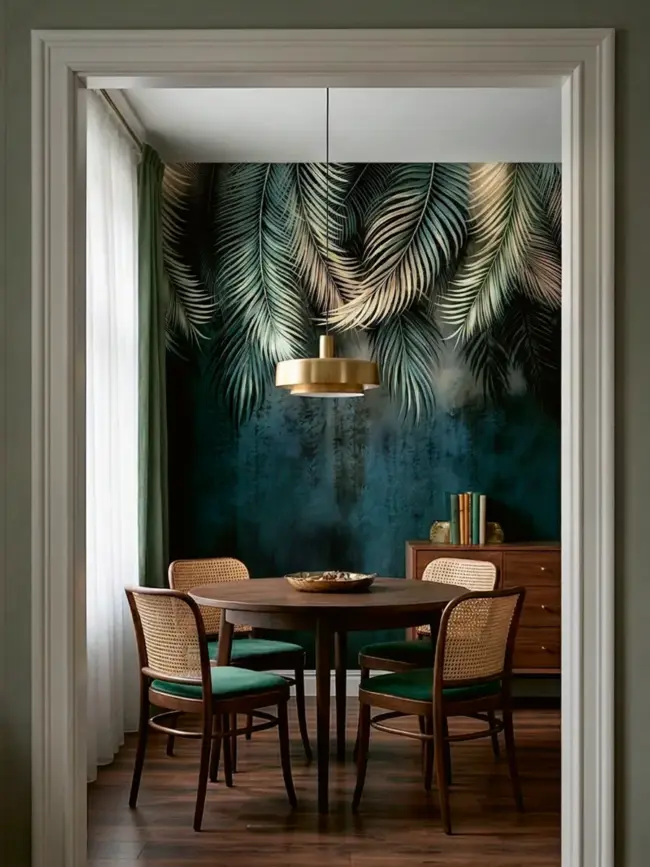 Фотообои "Пальмовый туман ночь" арт:49152, с пальмовыми листьями в туманной ночной атмосфере в интерьере кухни