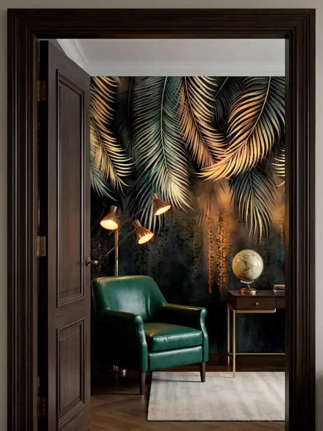 Фотообои "Пальмовый туман ночь" арт:49153, с пальмовыми листьями в туманной ночной атмосфере в интерьере кабинета