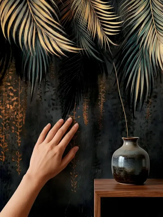 Фотообои "Пальмовый туман ночь" арт:49153, с пальмовыми листьями в туманной ночной с близкого расстояния