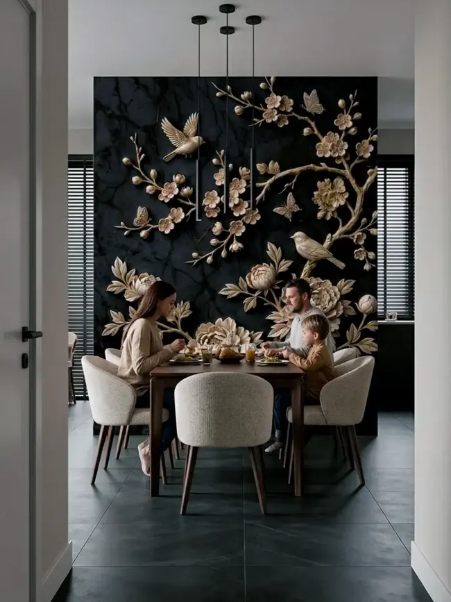 Модные темные обои "Барельеф сакуры вертикально 2" арт:491631 с цветочным узором и птицами для кухни 3