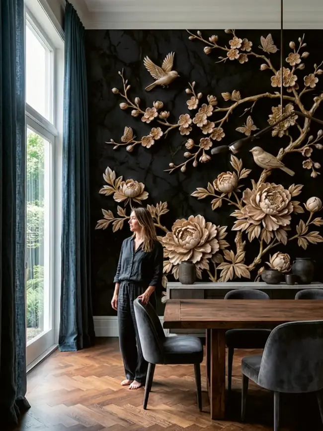 Модные темные обои "Барельеф сакуры вертикально 2" арт:491631 с цветочным узором и птицами для кухни