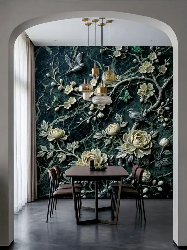 Модные темные обои "Барельеф сакуры вертикально 2" арт:491632 с цветочным узором и птицами для кухни с видом через проем арку