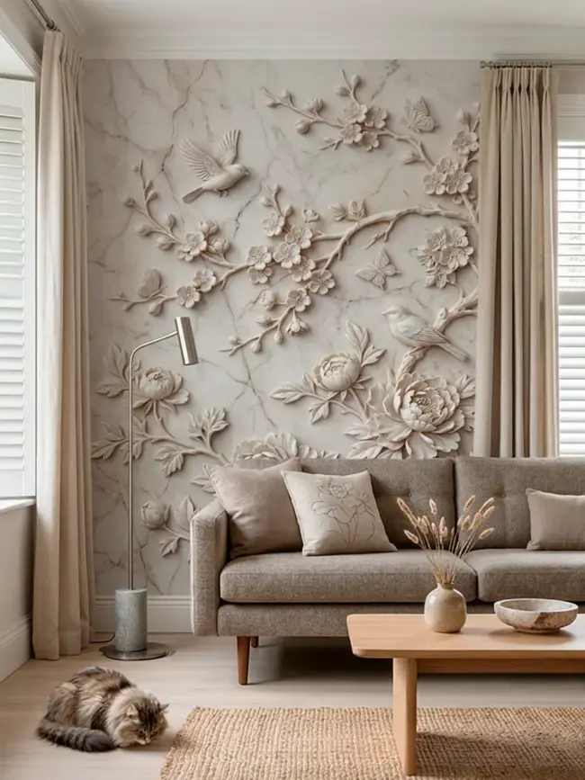 Фотообои "Барельеф сакуры" арт:491633 с объемными цветами, птицами и ветвями в светлом интерьере гостиной