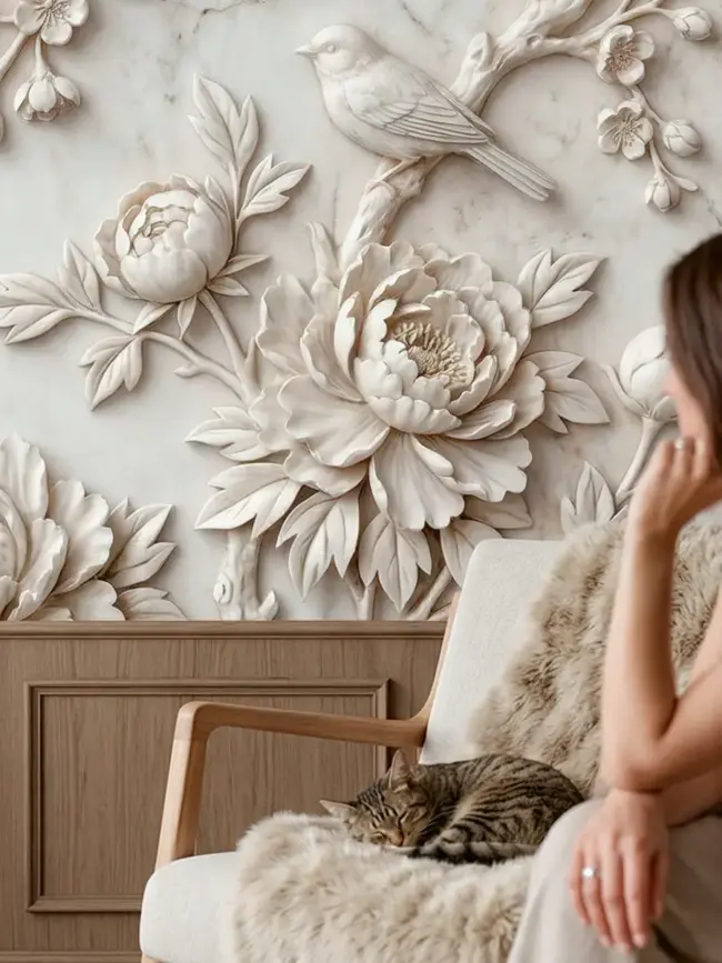 Фотообои "Барельеф сакуры" арт:491633 с объемными цветами, птицами и ветвями с близкого ракурса