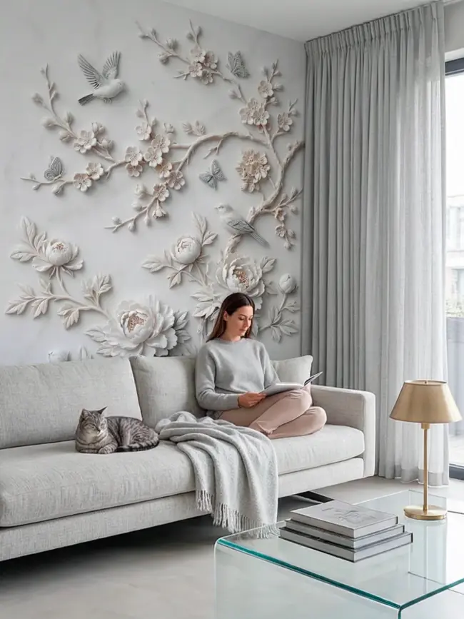 Фотообои "Барельеф сакуры" арт:491634 с объемными цветами, птицами и ветвями в светлом интерьере гостиной с диваном