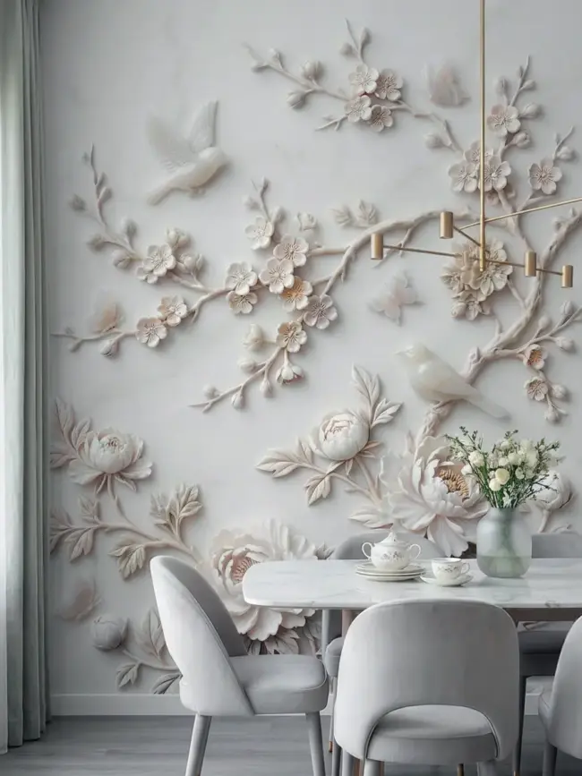 Фотообои "Барельеф сакуры" арт:491635 с объемными цветами, птицами и ветвями в светлом интерьере кухни