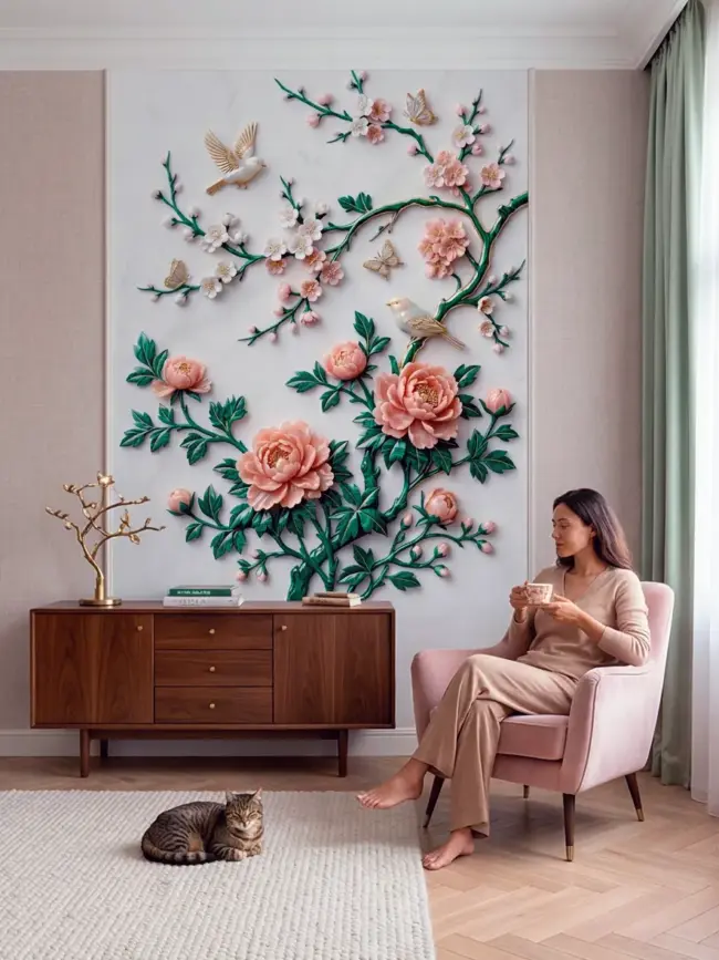 Фотообои "Барельеф сакуры" арт:491636 с объемными цветами, птицами и ветвями в светлом интерьере гостиной 1