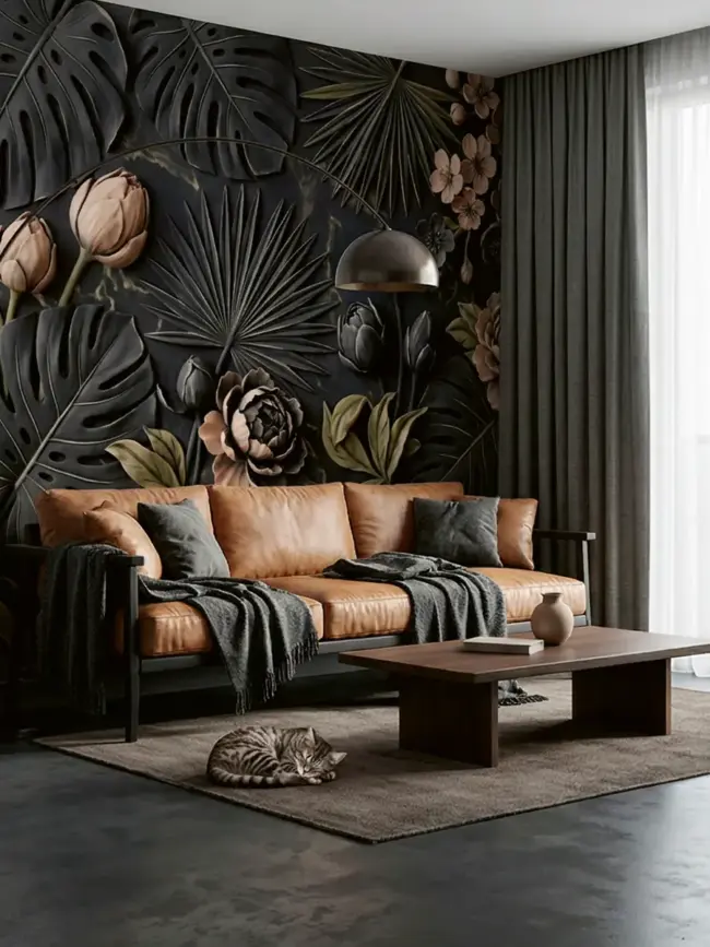Интерьер 2 "Тропик Блум" арт:491637 гостиной с темной стеной с крупным цветком и тропическими листьями у кровати