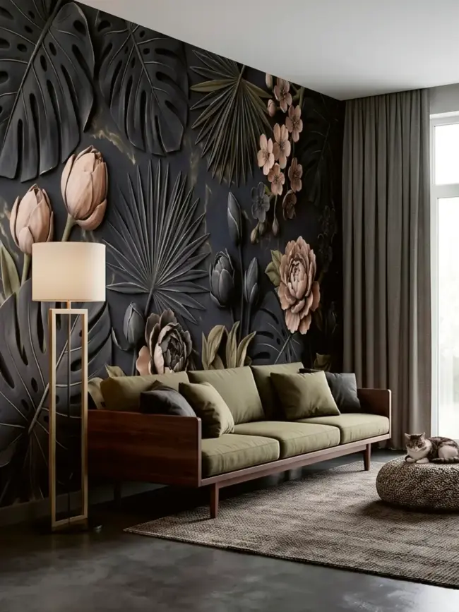 Интерьер "Тропик Блум" арт:491637 гостиной с темной стеной с крупным цветком и тропическими листьями у кровати