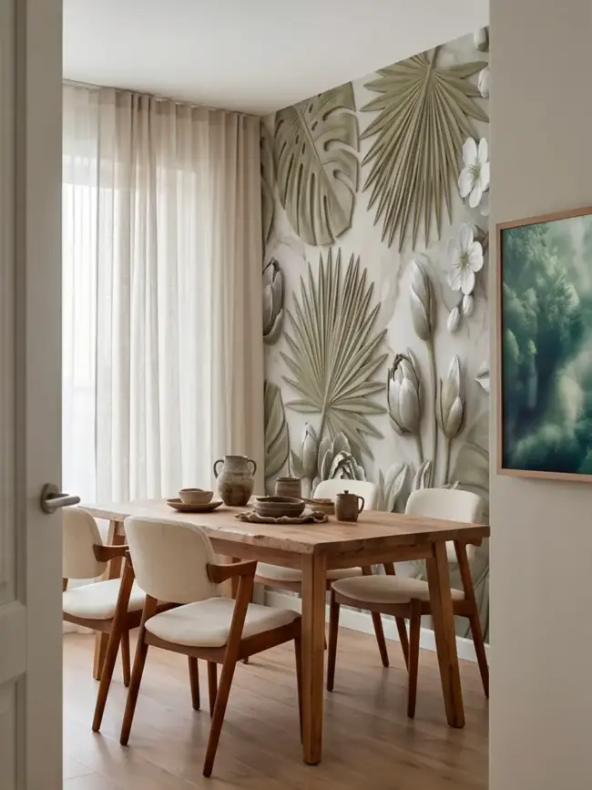 Фото "Тропик Блум" арт:491639 интерьера кухни с обеденным столом с ботаническим панно в зеленых тонах с цветами и тропическими листьями