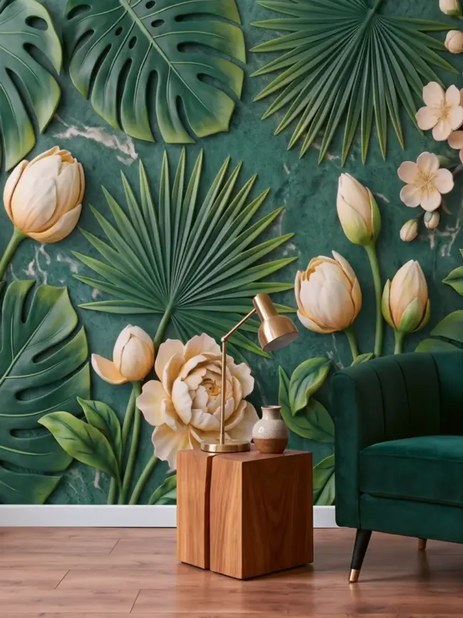 Фото "Тропик Блум" арт:491640 интерьера с ботаническим панно в зеленых тонах с цветами и тропическими листьями фото близко