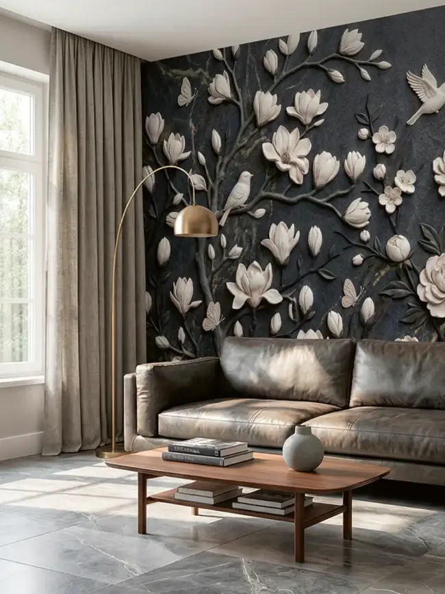 Стильная светлая стена с цветочным 3D барельефом для современной кухни гостиной арт:491643