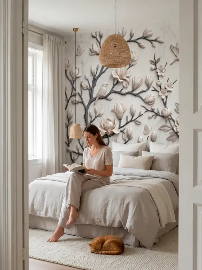 Стильная светлая стена с цветочным 3D барельефом для современной спальной комнаты подростка арт:491642