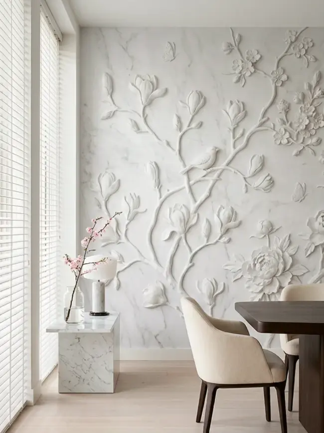 Стильная светлая стена с цветочным 3D барельефом для современной кухни гостиной арт:491643