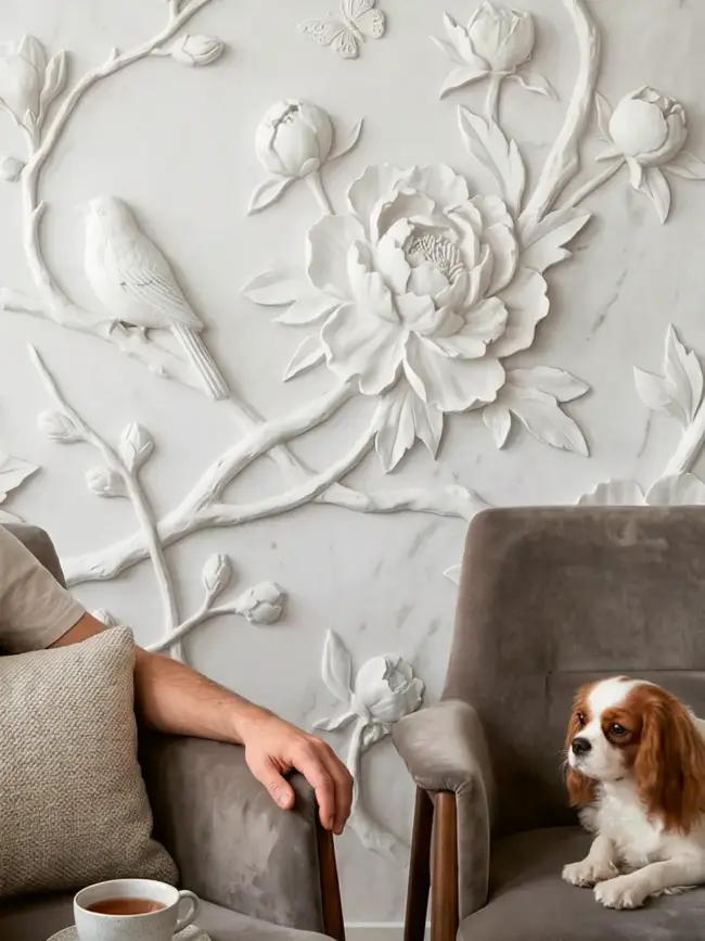 Стильная светлая стена с цветочным 3D барельефом для современной спальной комнаты подростка арт:491643