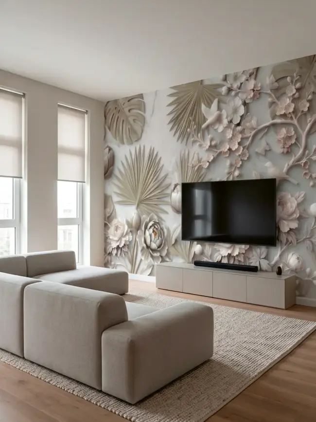 Гостиная с диваном и фотообоями "Рельефная ботаника" арт:491645 с объемными цветами, листьями