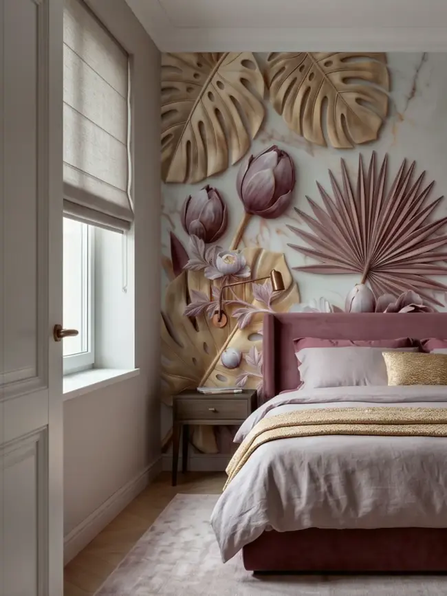 Спальная комната и фотообоями "Рельефная ботаника" арт:491646 с объемными цветами, листьями
