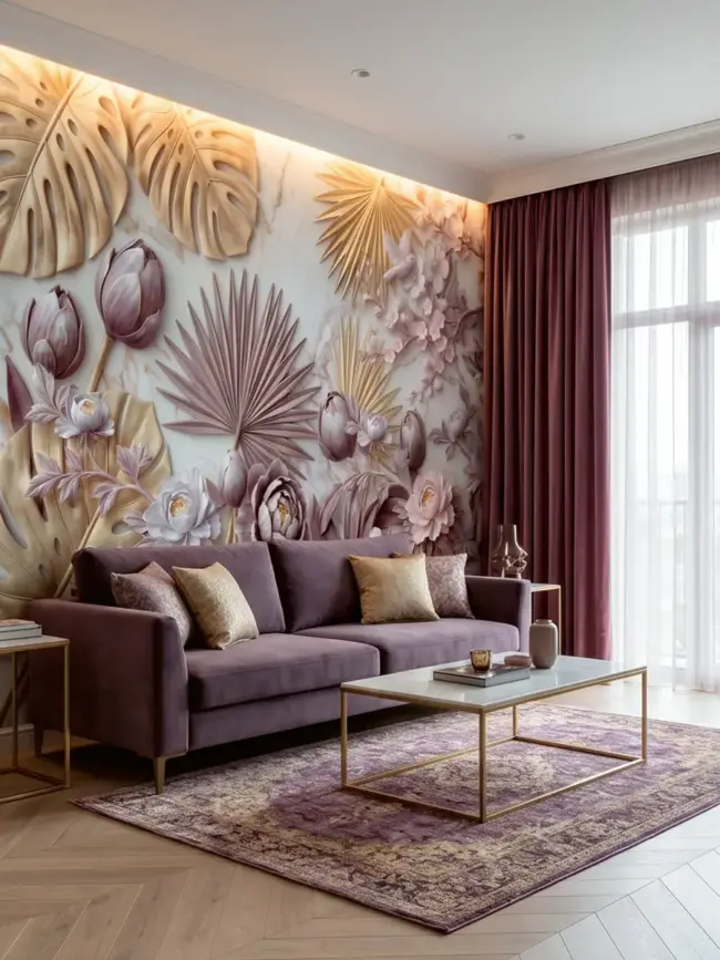 Гостиная с диваном и фотообоями "Рельефная ботаника" арт:491646 с объемными цветами, листьями