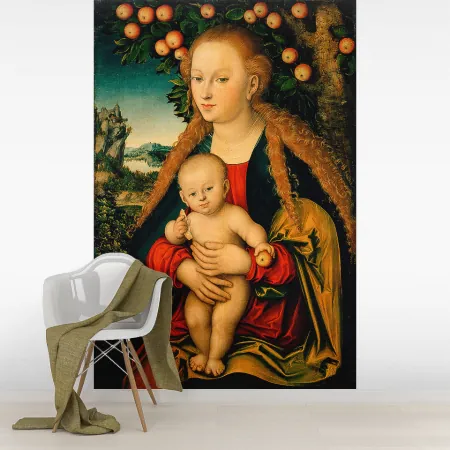 Фотообои Мадонна С Младенцем Под Яблоней, арт. 50164, пример фотообоев на стене