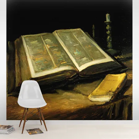 Фотообои Винсент Ван Гог - Натюрморт с книгой и библей, арт. 50322, пример фотообоев на стене