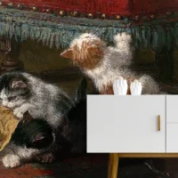 Фотообои Играющие котята, арт. 50345, увеличенный фрагмент обоев за тумбой