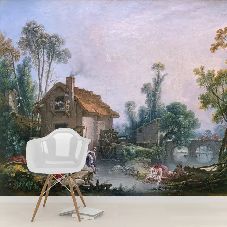 Фотообои Франсуа Буше "Пейзаж с водяной мельницей", арт. 50365, пример фотообоев на стене