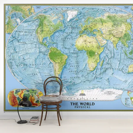 Фотообои физическая карта мира, арт. 51023, пример фотообоев на стене