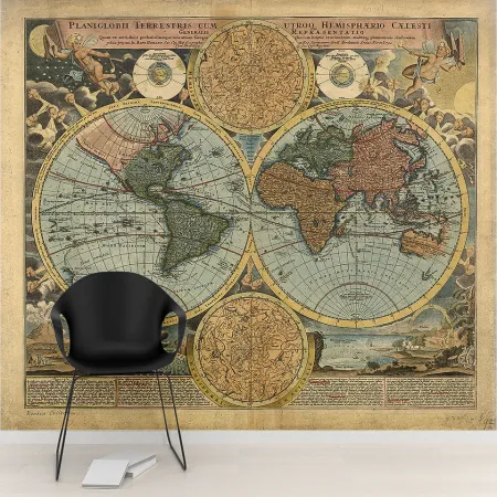 Фотообои Карта мира 1663-1724, арт. 51044, пример фотообоев на стене