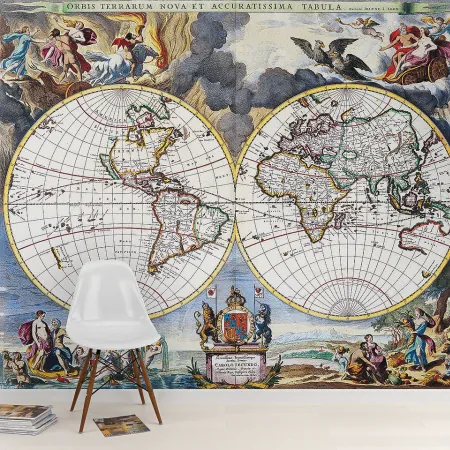 Фотообои Старинная карта мира, арт. 51086, пример фотообоев на стене