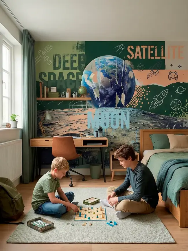 Фотообои для магазина артикул:52104 "Взгляд с поверхности луны": реалистичный вид Земли с поверхности Луны, высокое качество печати, эффект присутствия, космический декор. Вид в детской с играми