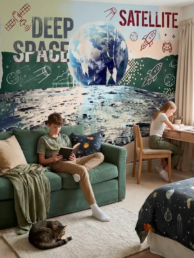 Фотообои для магазина артикул:52105 "Взгляд с поверхности луны": реалистичный вид Земли с поверхности Луны, высокое качество печати, эффект присутствия, космический декор. Вид в интерьере комнаты подростка