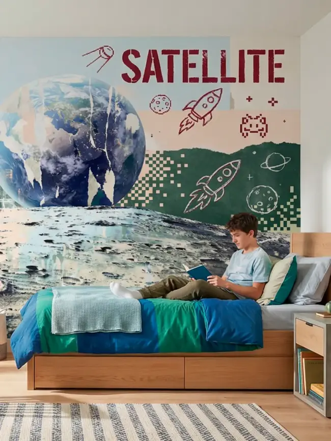 Фотообои для магазина артикул:52106 "Взгляд с поверхности луны": реалистичный вид Земли с поверхности Луны, высокое качество печати, эффект присутствия, космический декор. Вид в спальне подростка