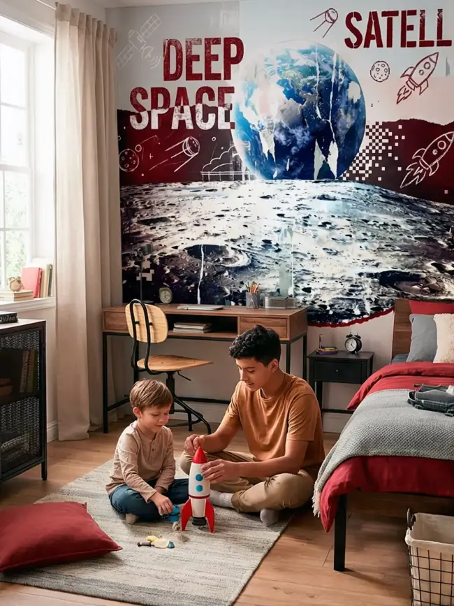 Фотообои для магазина артикул:52107, крассный оттенок, "Взгляд с поверхности луны": реалистичный вид Земли с поверхности Луны, высокое качество печати, эффект присутствия, космический декор. Вид вкомнате подростка