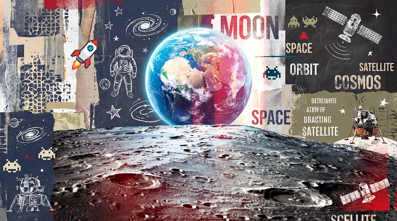 Взгляд с Луны 1v арт:52108, Бесшовные фотообои с элементами космической графики. Оригинал 1rulon.ru — автор