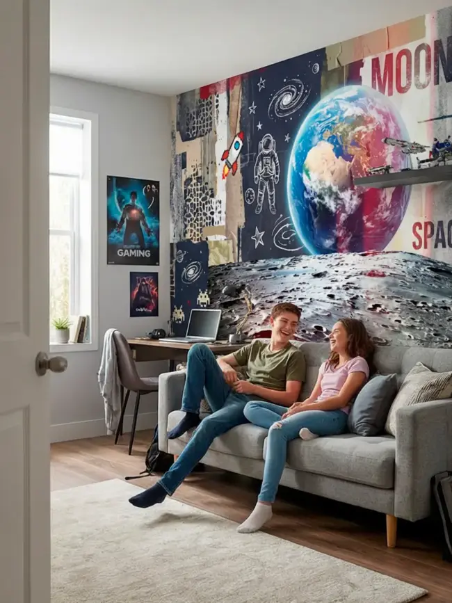 Космический взгляд с Луны арт:52108, Бесшовные фотообои с элементами космической графики. Пример в интерьере подростка