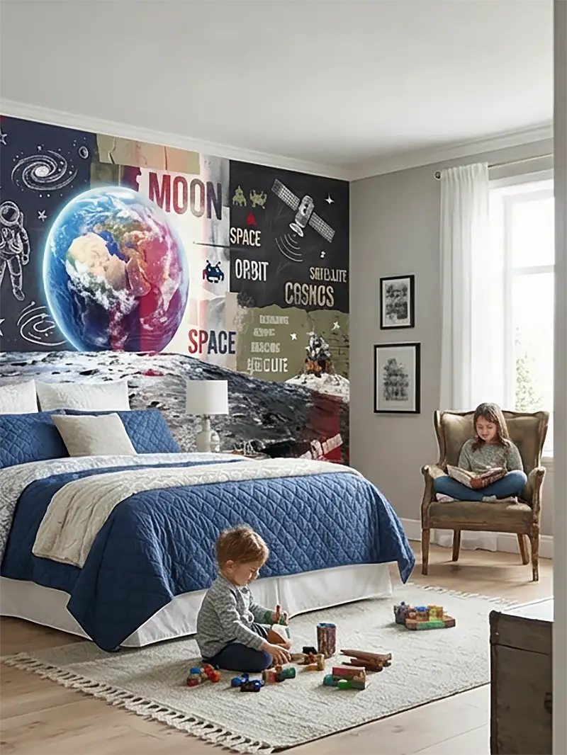 Космический взгляд с Луны арт:52108, Бесшовные фотообои с элементами космической графики. Пример интерьере спальни