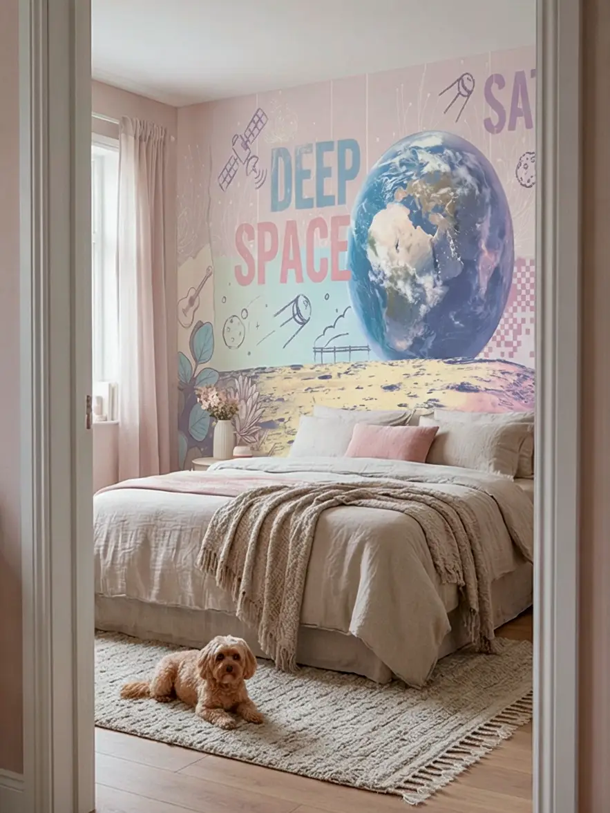 Взгляд с Луны 1v арт:52109, Бесшовные фотообои с элементами космической графики. Пример в интерьере спальни