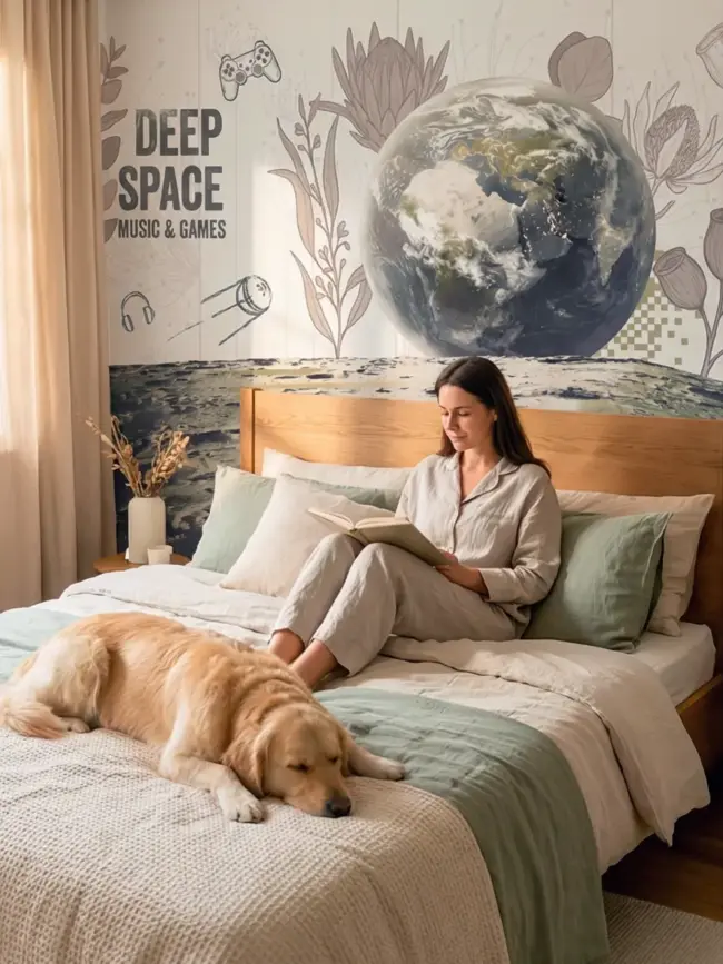 Взгляд с Луны 1v арт:52110, Бесшовные фотообои с элементами космической графики. Пример в интерьере спальни