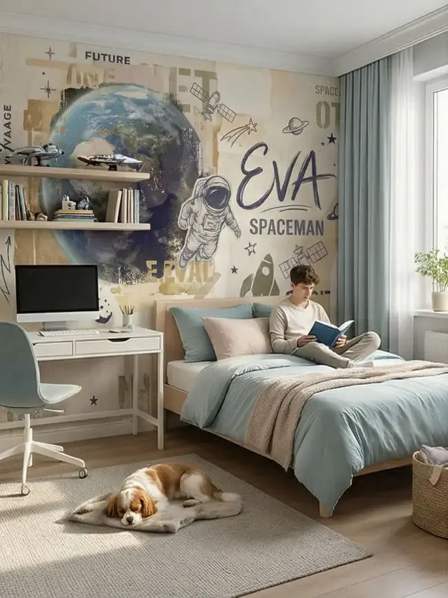 Евва мир 1v арт:52120, фотообои на стену — космический коллаж с Землей и Луной, винтажные плакаты и типографика. 1rulon.ru — авторское, оригинальное изображение