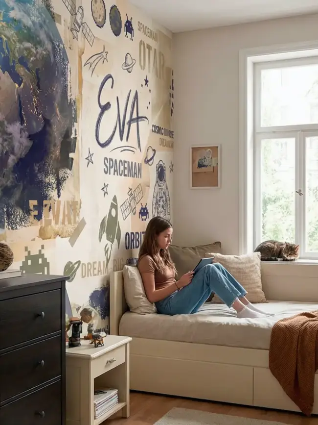 Евва мир 1v арт:52121, фотообои на стену — космический коллаж с Землей и Луной, винтажные плакаты и типографика. Пример обоев в интерьере спальни