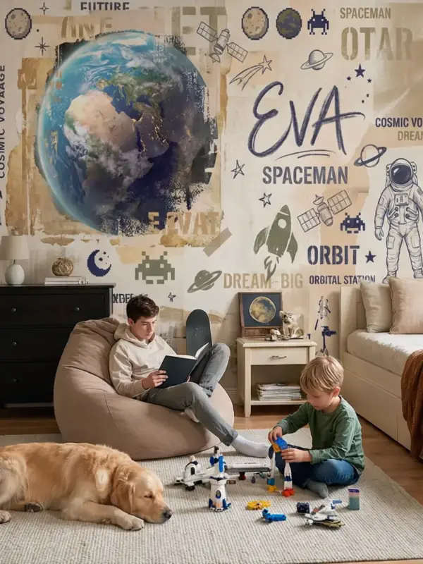 Евва мир 1v арт:52121, фотообои на стену — космический коллаж с Землей и Луной, винтажные плакаты и типографика. Пример обоев в интерьере спальни с пуфом