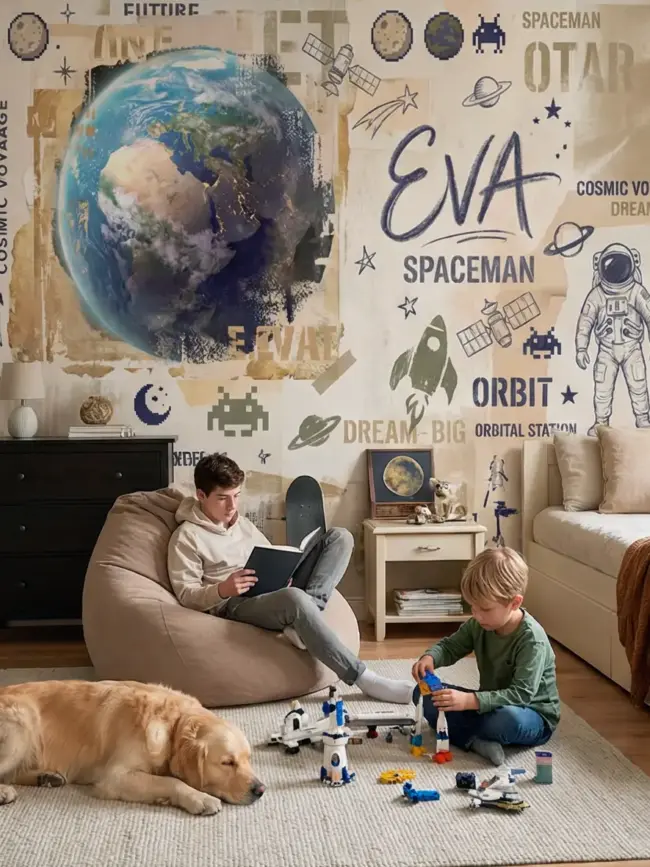 Евва мир 1v арт:52121, фотообои на стену — космический коллаж с Землей и Луной, винтажные плакаты и типографика. Пример обоев в интерьере спальни с пуфом