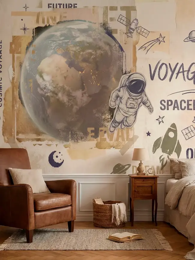 Фотообои на стену "Космическое путешествие" арт:52122, с изображением Земли, астронавта и винтажных космических эскизов. 1rulon.ru — авторское изображение. В интерьере спальни