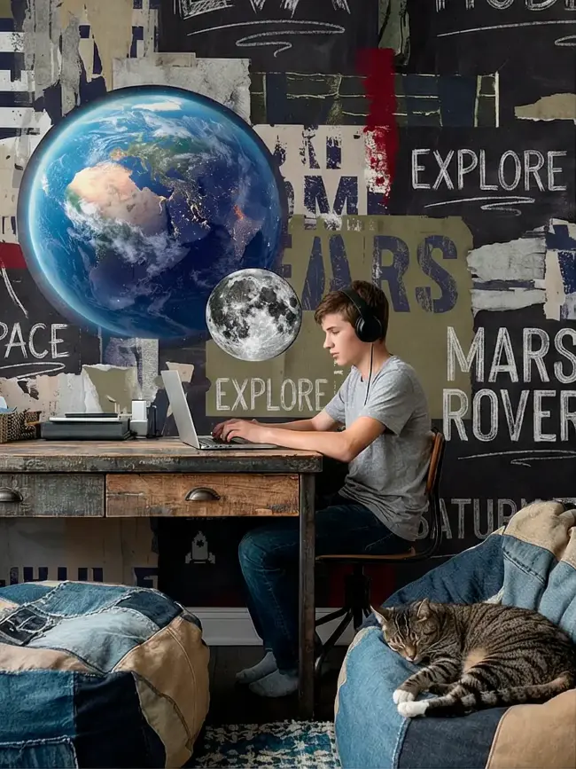 Фотообои на стену "Космическое путешествие" арт:52123, с изображением Земли, астронавта и винтажных космических эскизов. 1rulon.ru — авторское изображение. В интерьере кабинета подростка