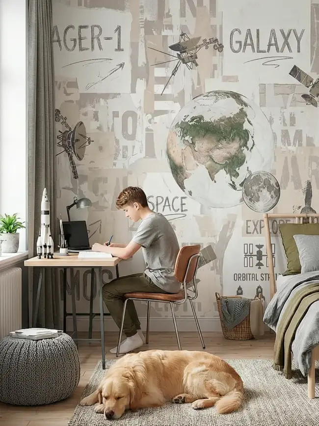 Фотообои на стену "Космическое путешествие" арт:52140, фотообои на стену — космический коллаж с Землей и Луной, винтажные плакаты и типографика. Пример обоев в интерьере комнаты подростка