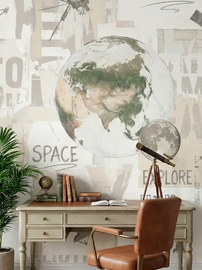 Фотообои на стену "Космическое путешествие" арт:52140, фотообои на стену — космический коллаж с Землей и Луной, винтажные плакаты и типографика. Пример обоев в интерьере кабинета