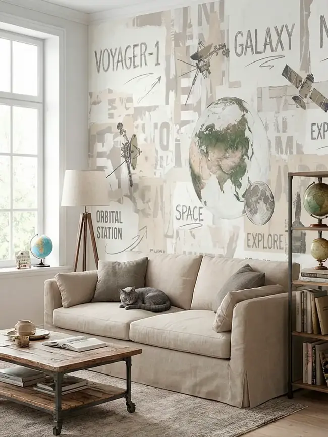 Фотообои на стену "Космическое путешествие" арт:52140, фотообои на стену — космический коллаж с Землей и Луной, винтажные плакаты и типографика. Пример обоев в интерьере гостиной