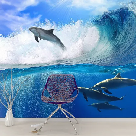 Фотообои Дельфины в море, арт. 53227, пример фотообоев на стене