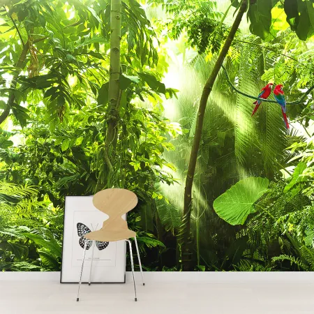 Фотообои Попугаи в тропическом лесу, арт. 55672, пример фотообоев на стене
